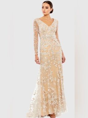 Mac Duggal Nude Illusion Embroidered Long Sleeve Evening Wedding Cocktail Gown